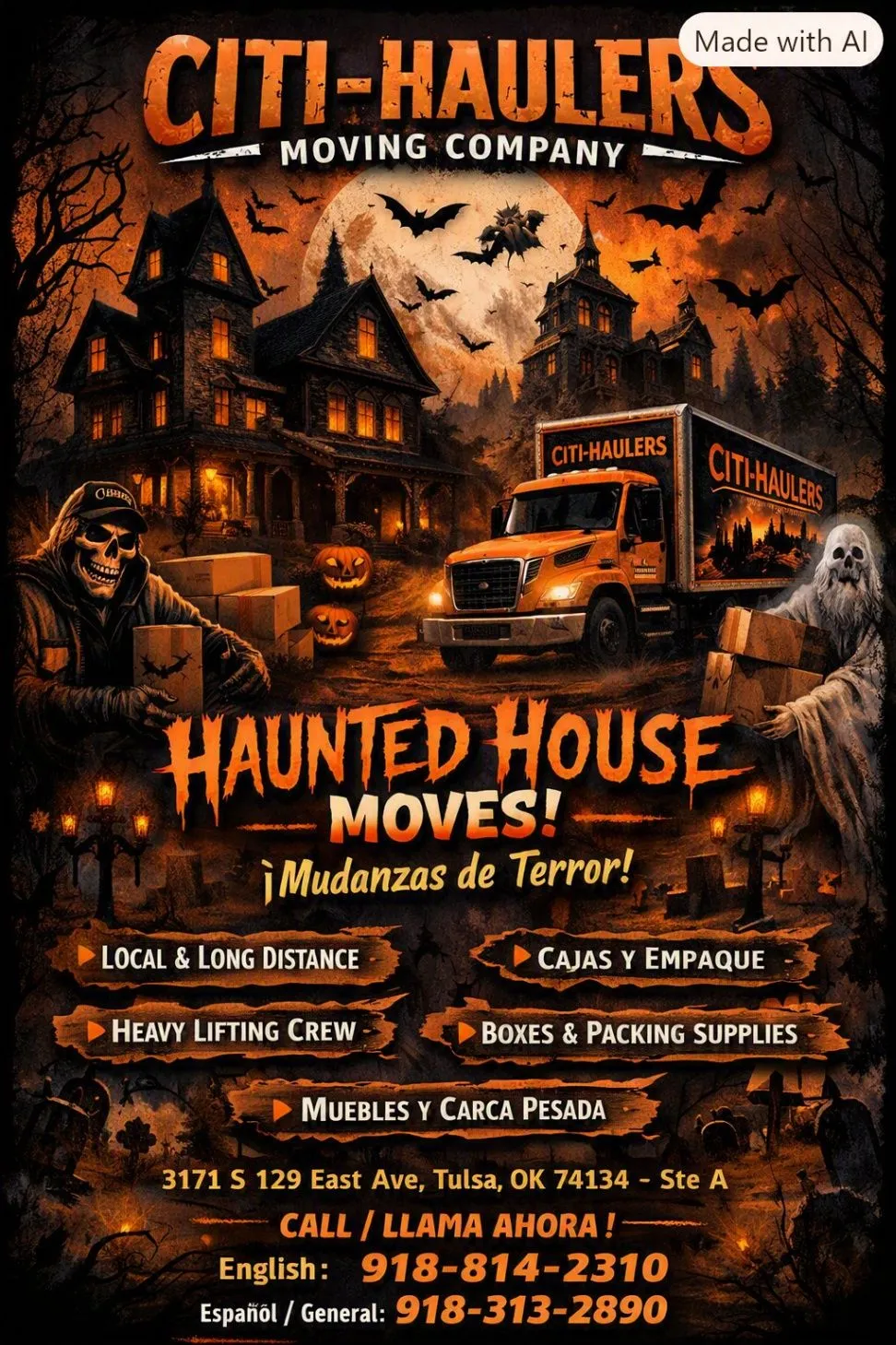 Promotional artwork for Citi-Haulers moving services showing an orange moving truck and boxes in a Halloween-themed scene, with a Made with AI label visible.