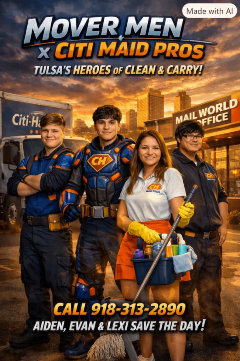 Promotional artwork for Citi Maid Pros cleaning support showing an illustrated cleaning team with supplies and the Tulsa skyline, with a Made with AI label visible.