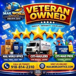 Promotional artwork featuring Mail World Office, Citi-Haulers, and Citi Maid Pros service marks with a veteran-owned badge, with a Made with AI label visible.