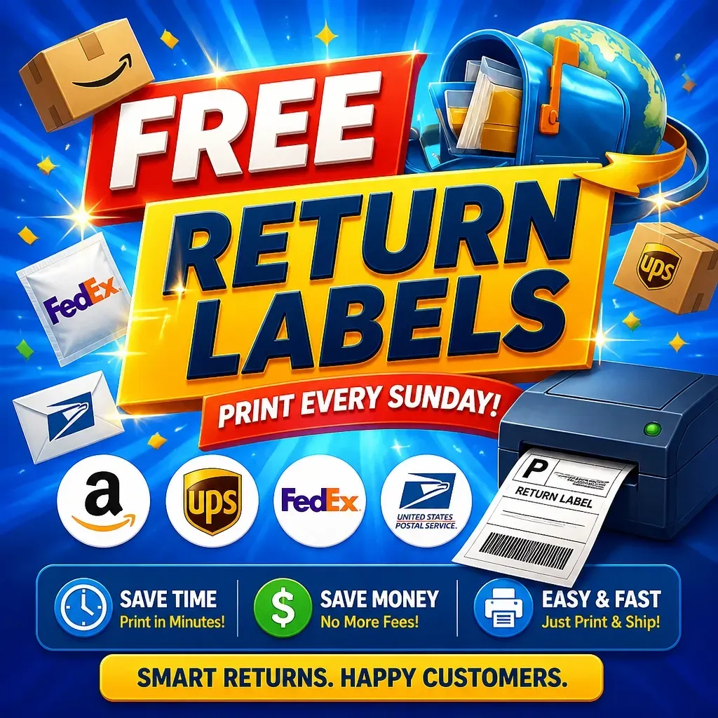 Promotional artwork for return-label printing with a parcel and printed label