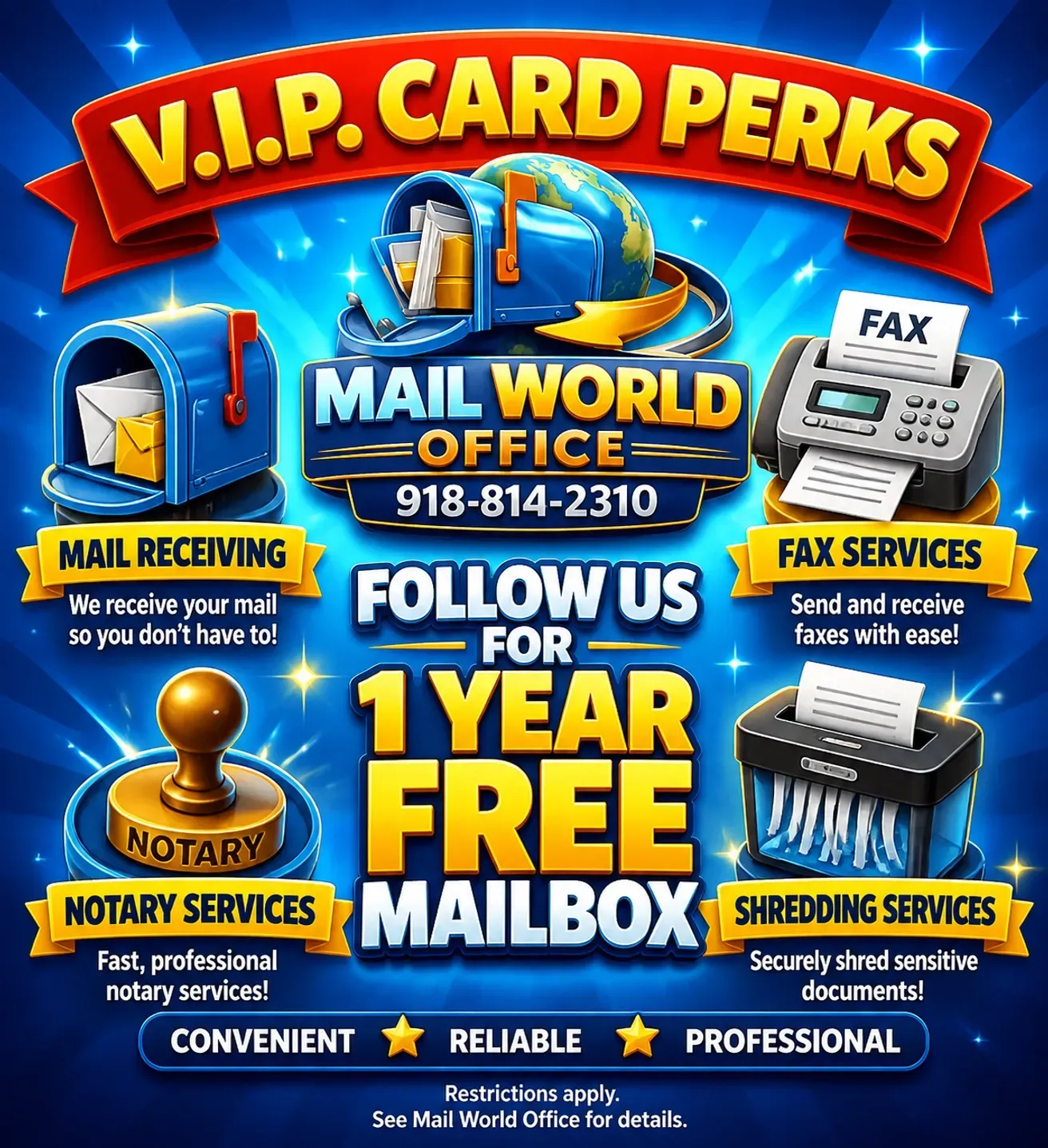 Promotional VIP card artwork for Mail World Office customer perks
