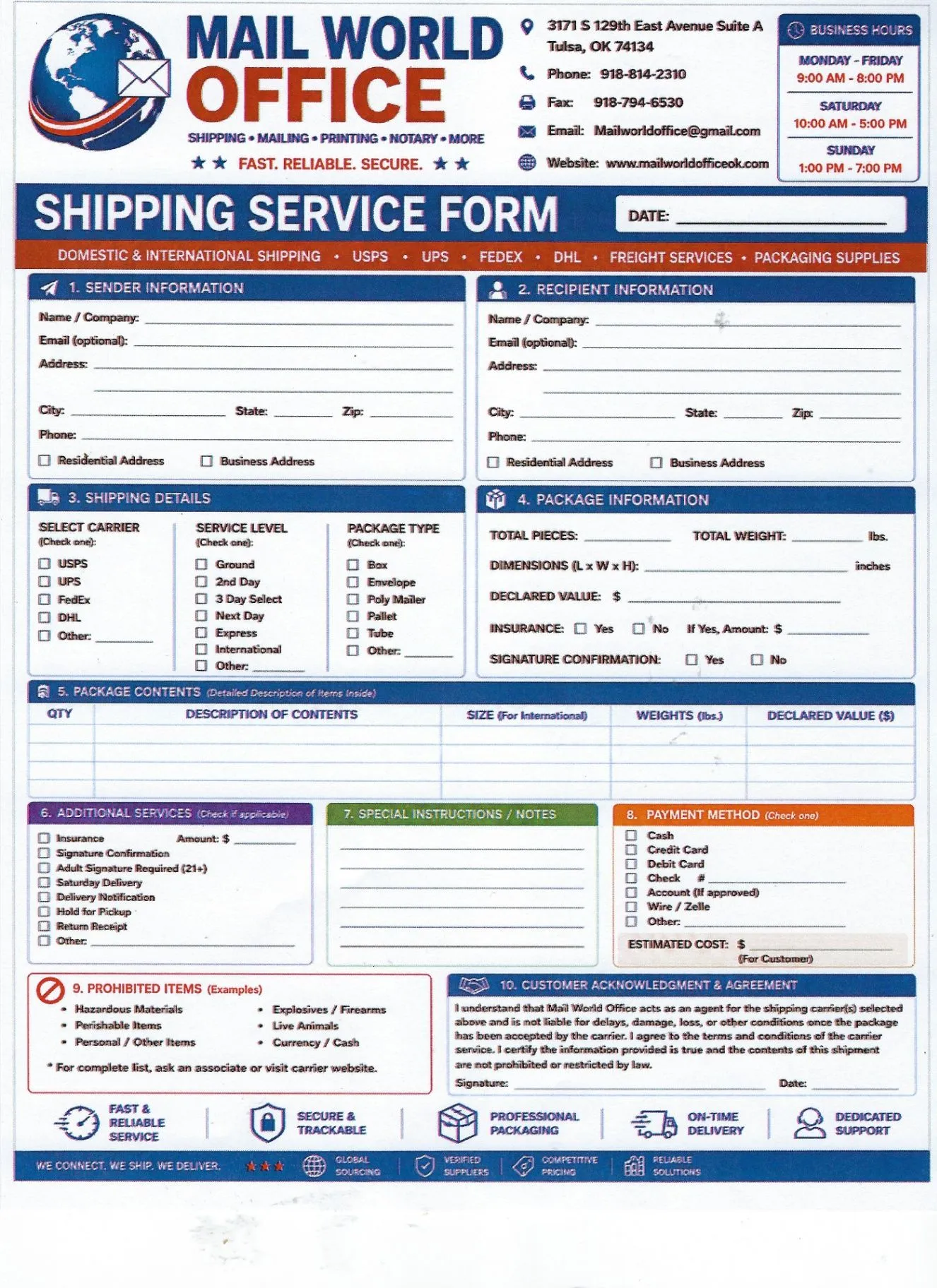 Mail World Office shipping service form reference showing sender and recipient details, carrier options, package contents, additional services, prohibited items, and customer acknowledgment sections